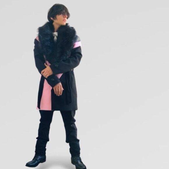 Men’s Pink | Grey | Black Double Breast Coat with Faux Fur NWT - Picture 9 of 9